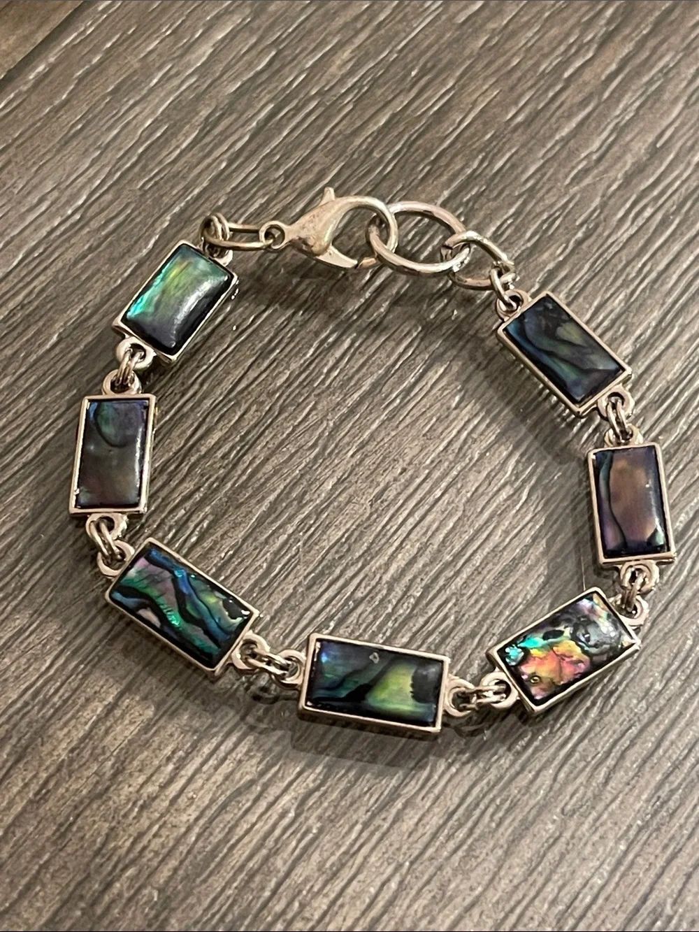 Vintage Colorful Dyed Abalone Shell Rectangular Links Bracelet Silvertone 6 5/8”